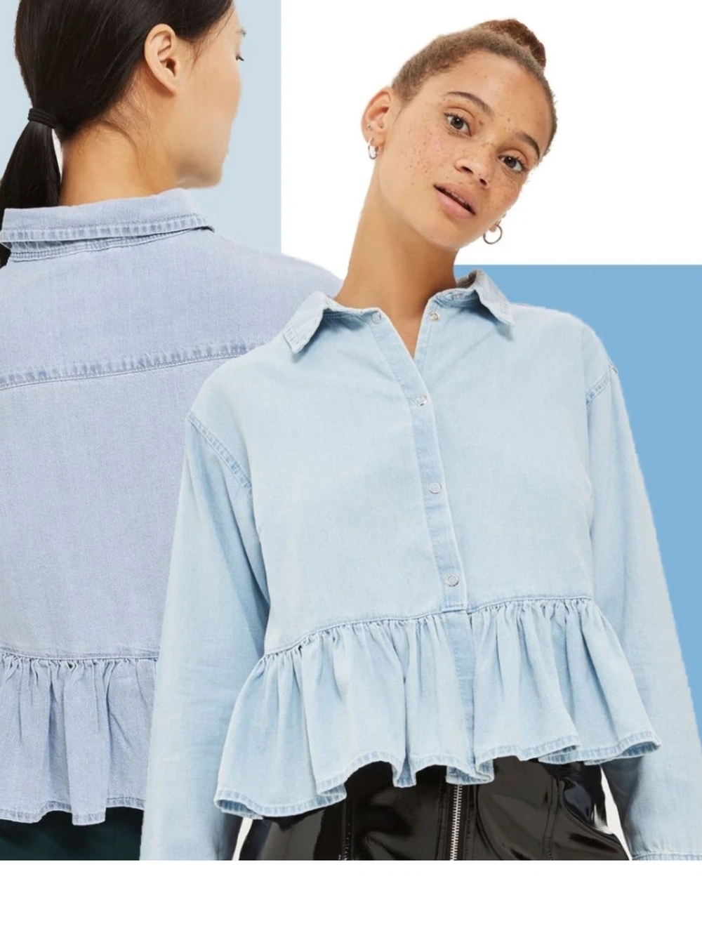 Topshop Light Blue Denim Peplum Button-Down Shirt - Women Size 6